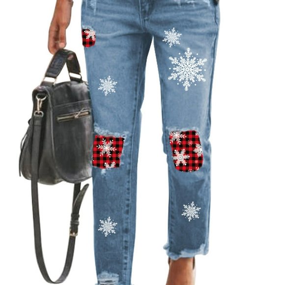 Sky Blue Christmas Snowflake Plaid Patchwork Distressed Jeans - Picture 3 of 3
